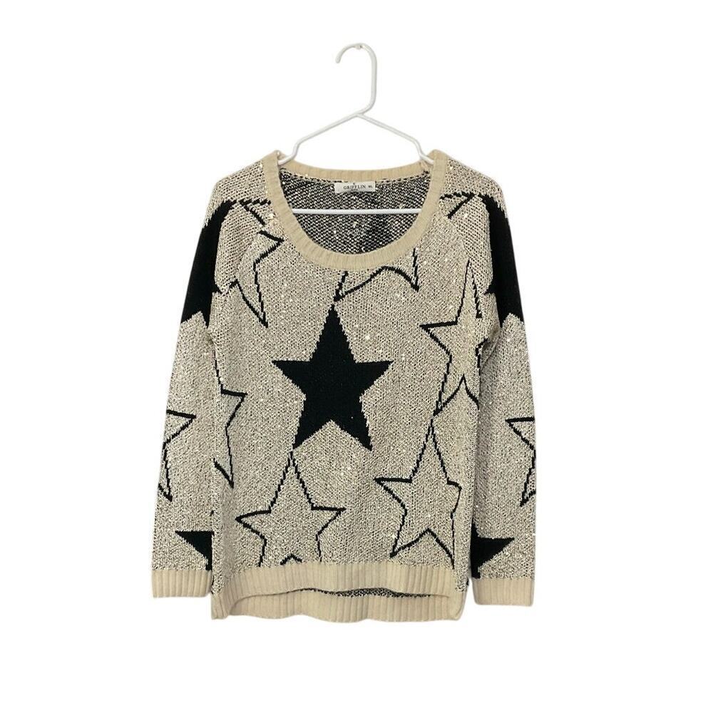 Grifflin Paris Wool Blend Sequin & Stars Black Gold Sweater Ribbed Trim Sz L